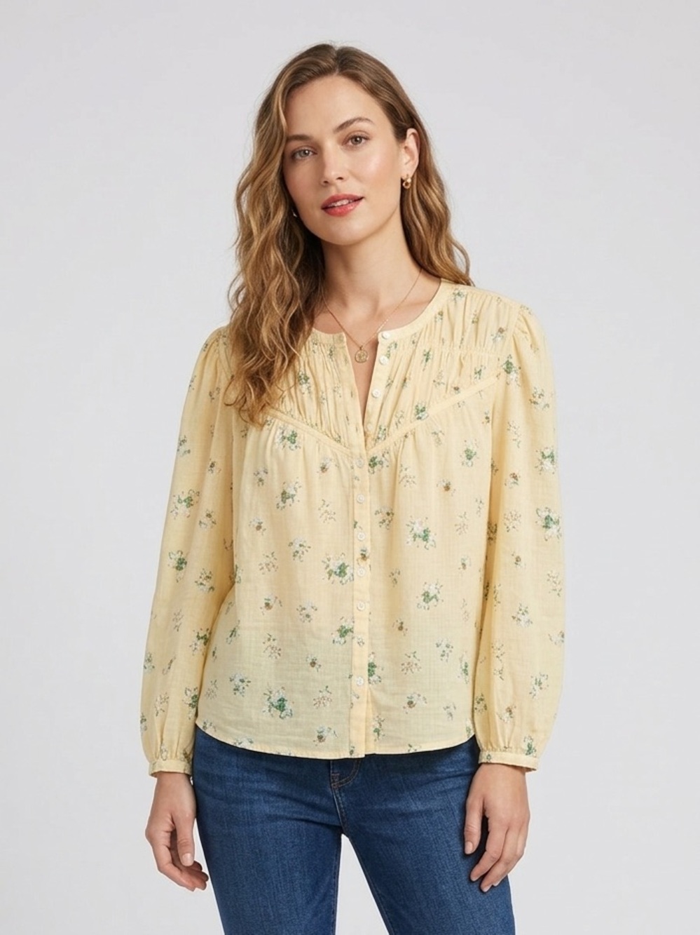 JOIE Fanning Long Sleeve Cotton Floral Top Butter Yellow Size Medium